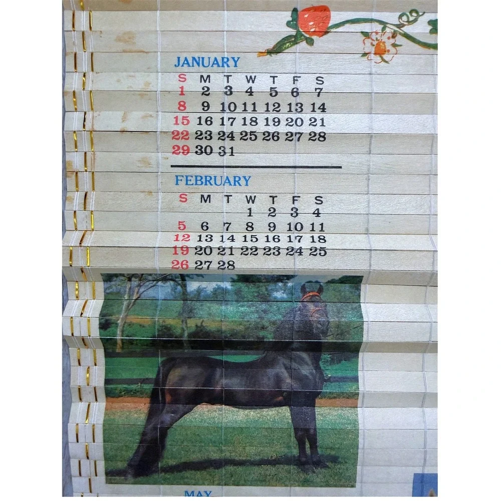Vintage 1988-1989 Bamboo Slatted Double-Sided HORSE Calendar Roll 31.5